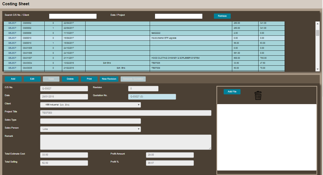 Costing Sheet